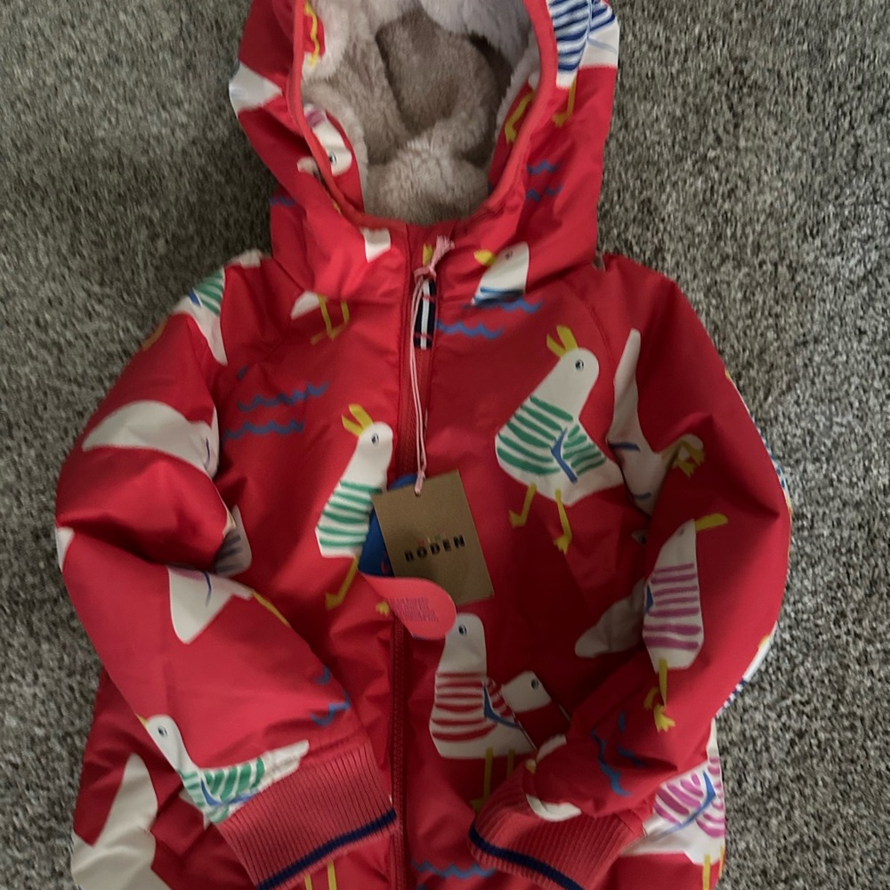 Boden Red Jacket with Colorful Bird Design